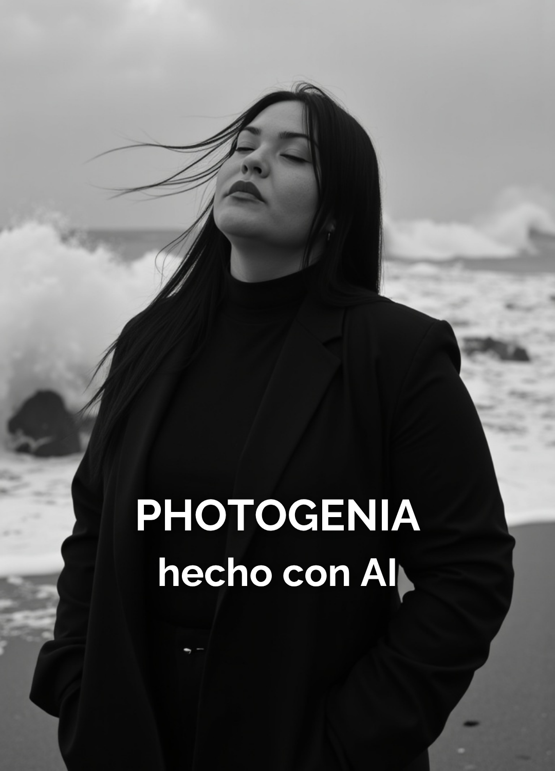 Mujer frente al mar con cabello al viento, retrato IA