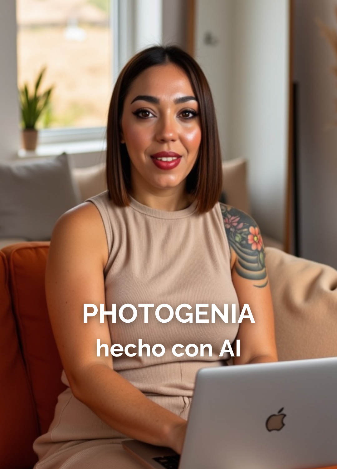 Retrato de mujer sonriente con tatuaje en brazo, IA