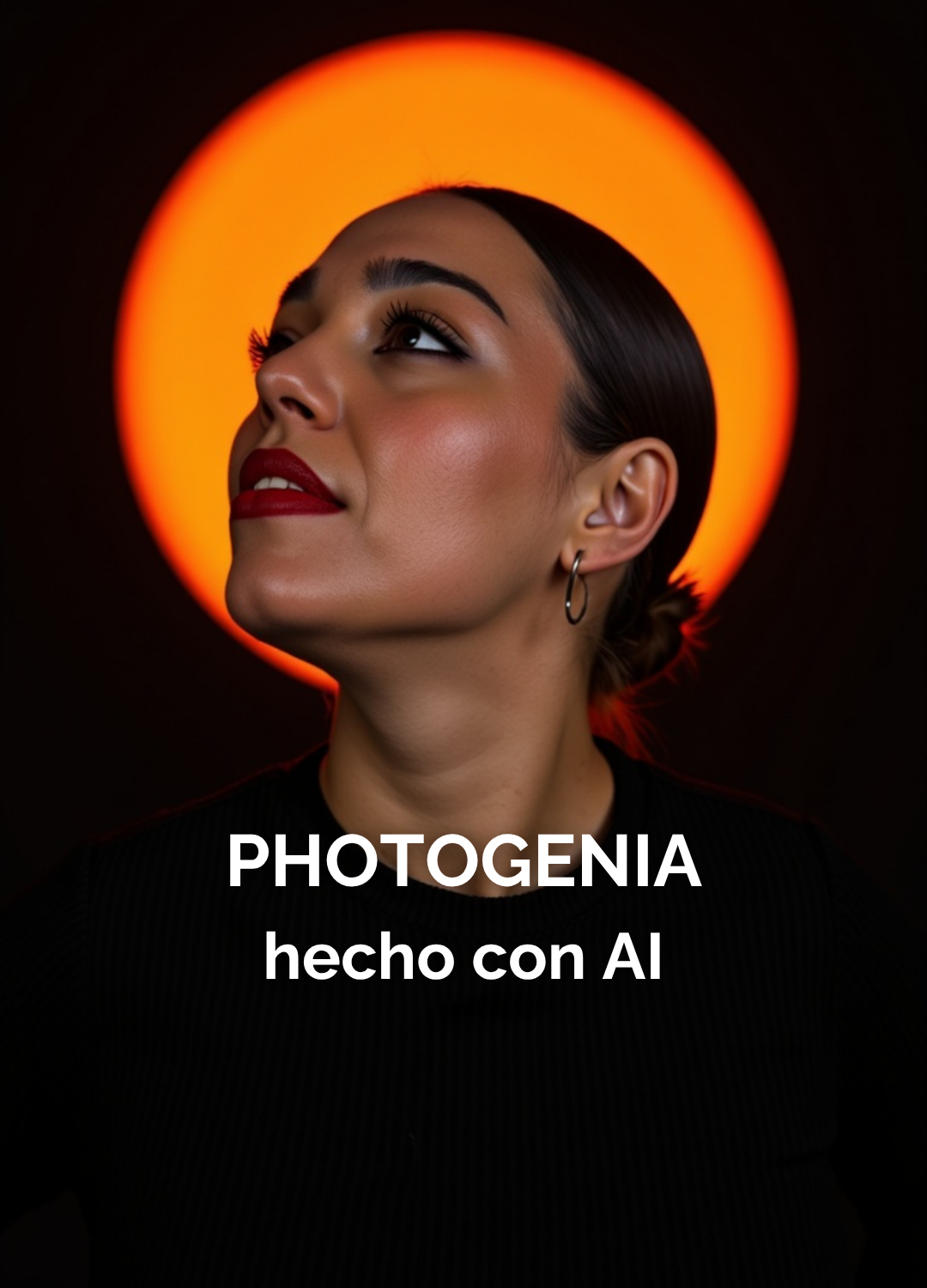 Mujer posando con luz cálida en fondo naranja, retrato IA