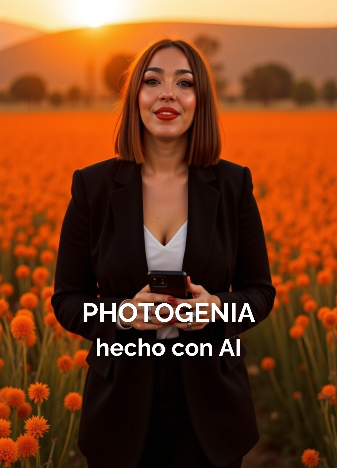 Mujer en campo de flores, retrato cálido con IA