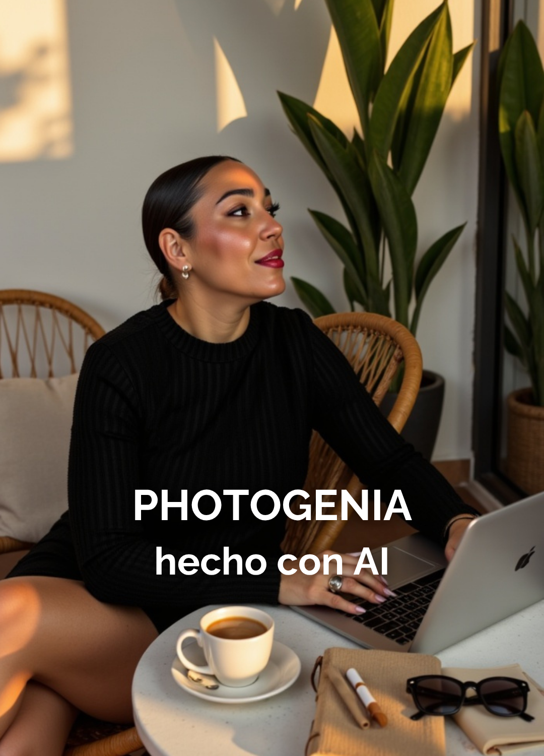 Mujer en sofá con laptop, retrato profesional con IA