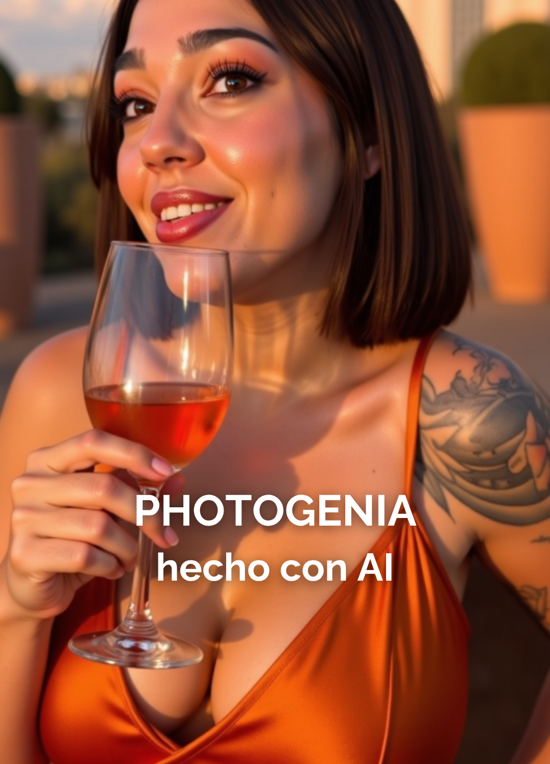 Mujer brindando con copa de vino, retrato con IA