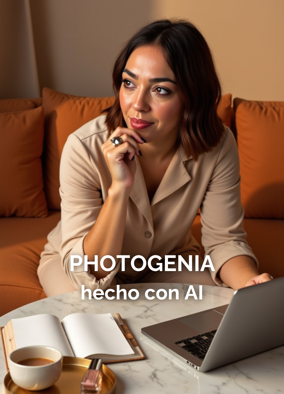 Mujer pensativa en sofá naranja, retrato IA