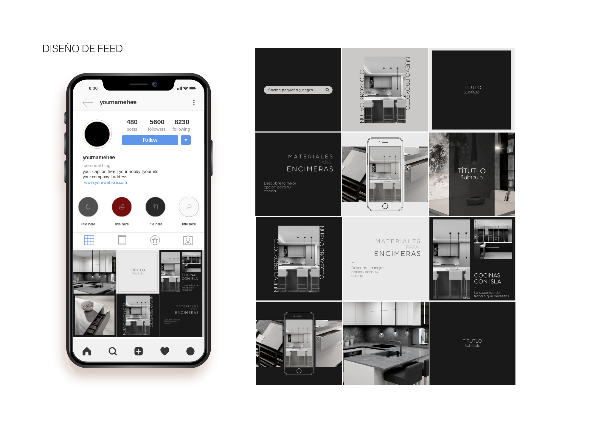 Perfil de Instagram con branding monocromático de Proyecto Cocina