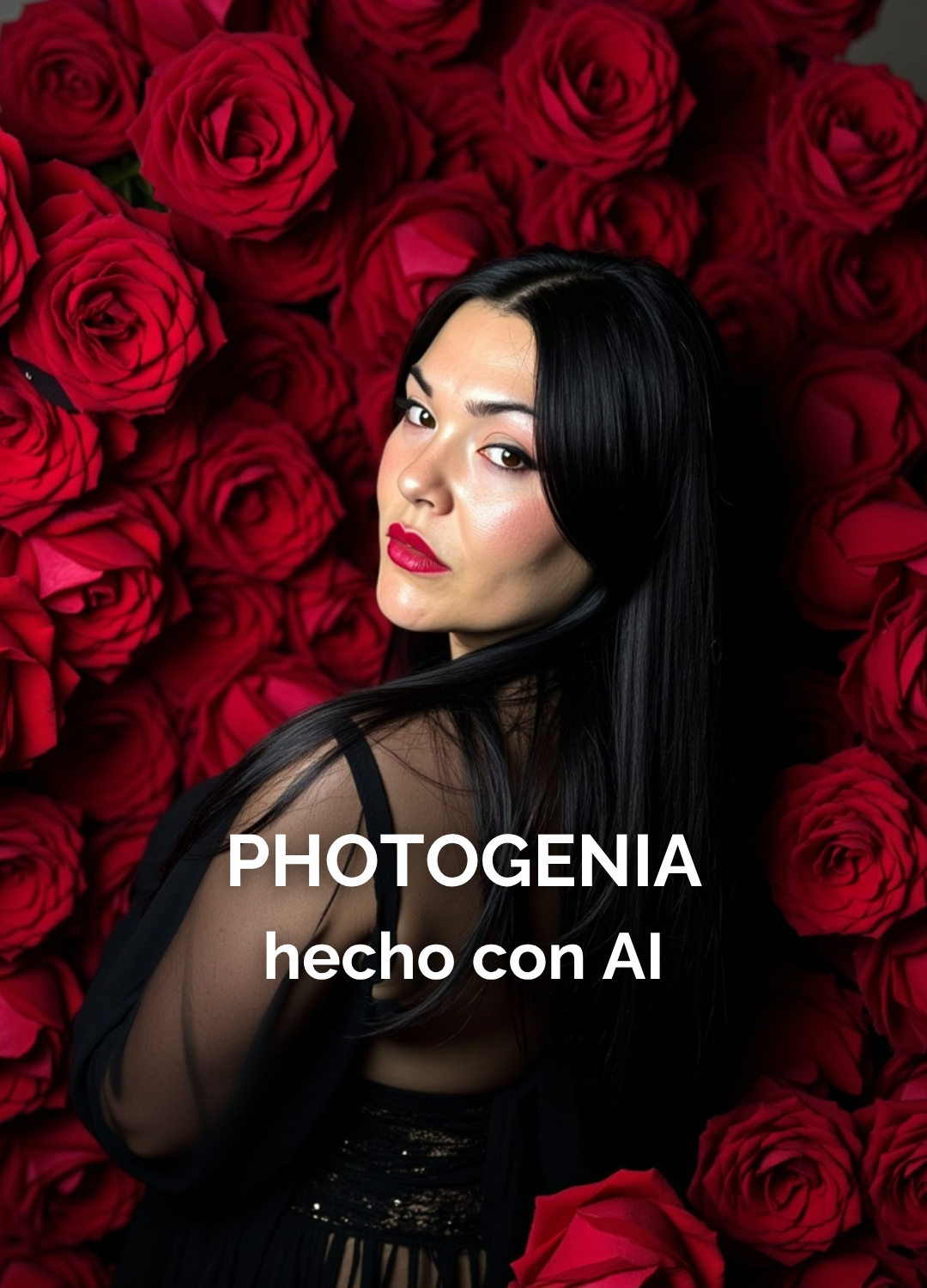 Retrato femenino con rosas rojas, generado por IA