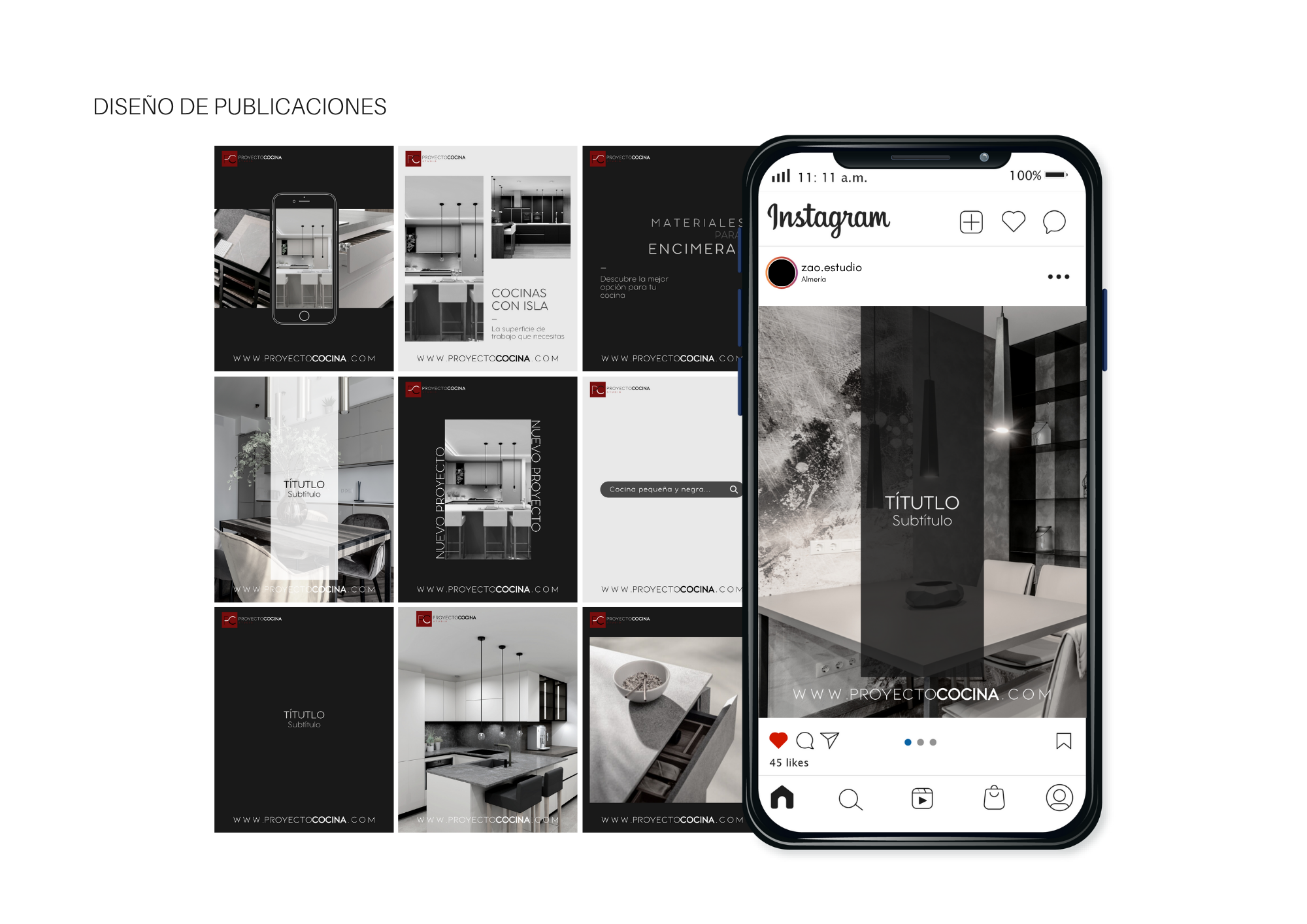 Diseño de feed de Instagram estilo profesional en blanco y negro