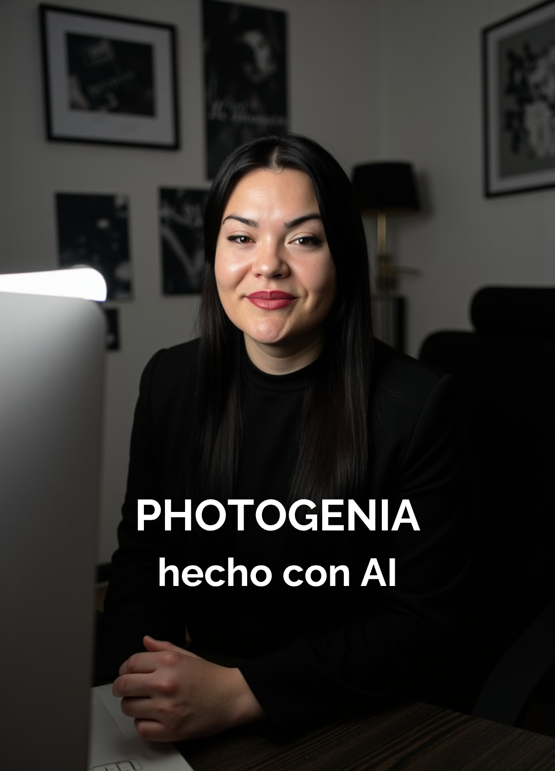Mujer sonriente frente a computadora, retrato IA