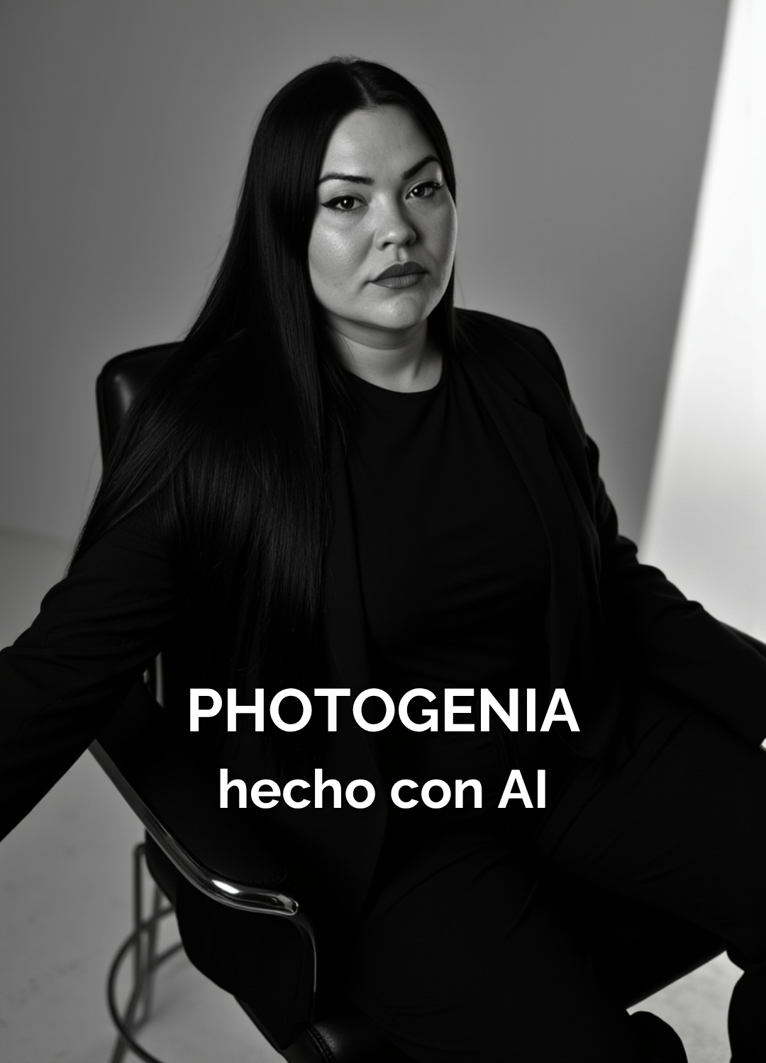Mujer con cabello largo en blanco y negro, retrato IA