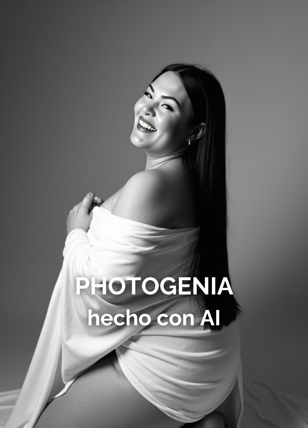 Mujer con cabello suelto y fondo blanco, retrato IA