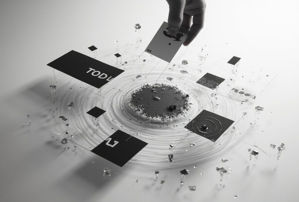 Muestra de branding con tarjetas y QR impreso